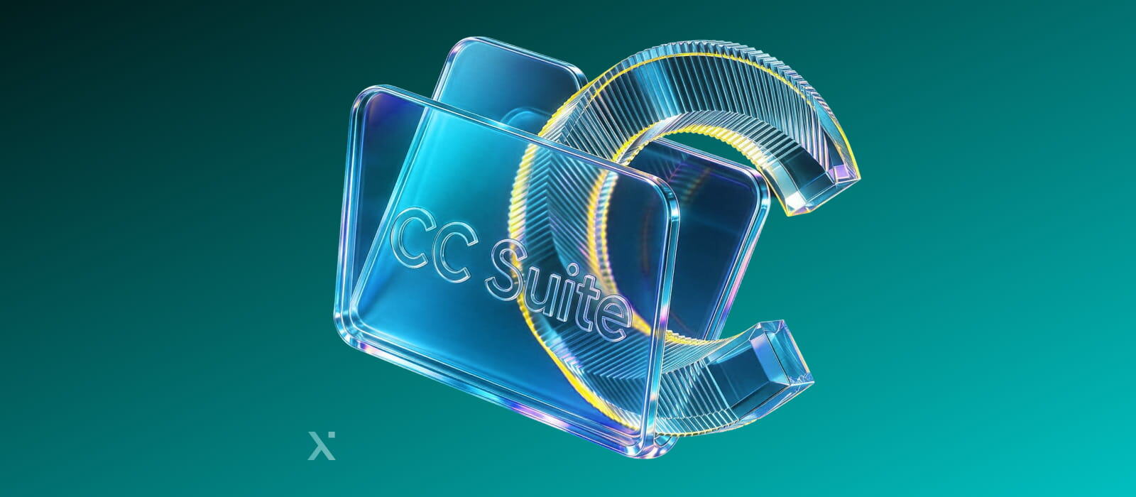 Translucent 3D folder icon with CC Suite text and a stylized letter C, set against a teal gradient background.
