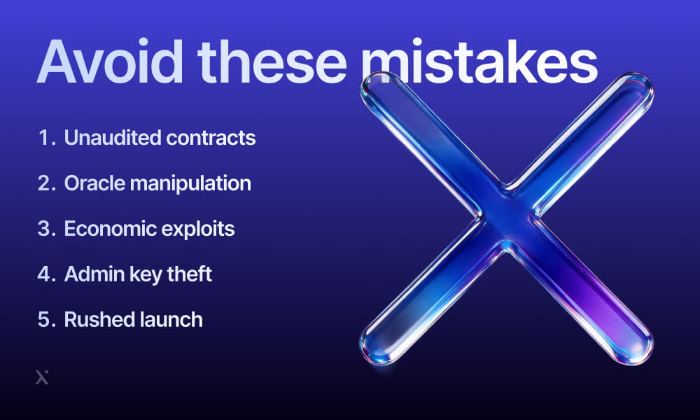 Graphic reading Avoid these mistakes listing unaudited contracts, oracle manipulation, economic exploits, admin key theft, and rushed launch beside a glowing blue X.