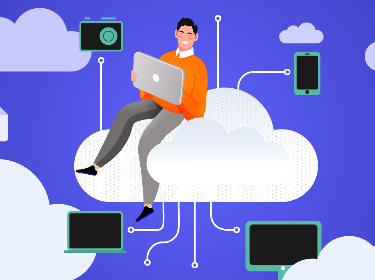 A person using cloud storage sitting on a cloud