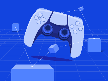 A gamepad surrounded by blue cubes symbolizing blockchain