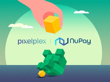 A hand building a cube out of green and yellow blocks next to PixelPlex and NuPay logos