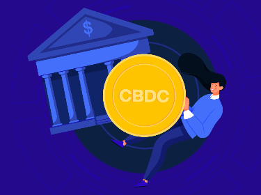 A person holding a token with CBDC abbreviation and there is a bank behind it