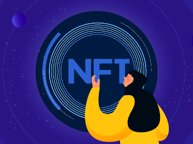 A person pointing at a large circle on which NFT is written
