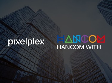 PixelPlex and Hancom logos on the glass skyscrapers background