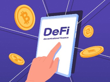 A person pointing at the DeFi sign on a tablet