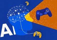 A human head icon connected to gamepads next to AI sign