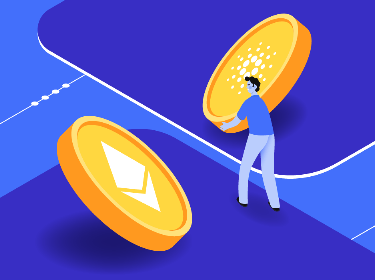 Two large tokens, one of which with a Cardano logo and another one with Ethereum logo and a person holding the token with Cardano logo