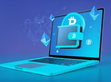 Icon of wallet and physical bitcoin coins on the screen of a laptop next to the title of the article