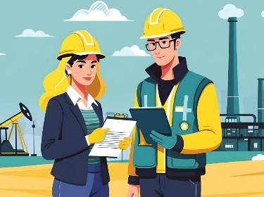 Two oil-industry workers on a plant and oil pumpjack background