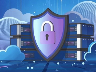 Computer servers secured by a shield with a lock icon