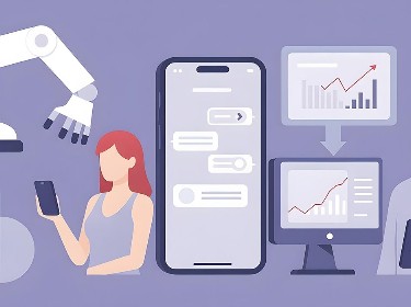 Two people operate with devices and a robot arm with the help of artificial intelligence