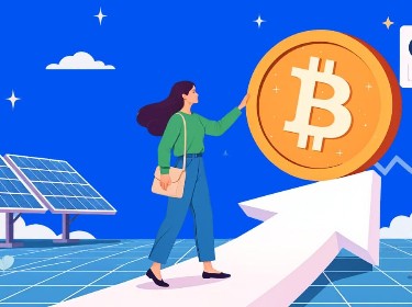 A woman standing on top of a bending arrow with a bitcoin sign on top surrounded by symbols of innovation such as solar panels and science equipment