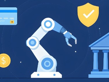 An android's hand holds a credit card next to banking symbols