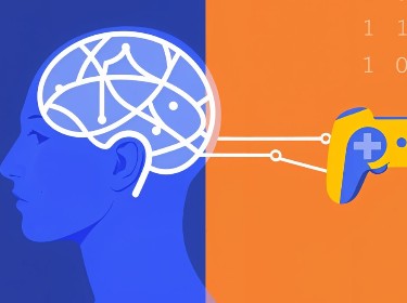 A human head icon connected to gamepads next to AI sign