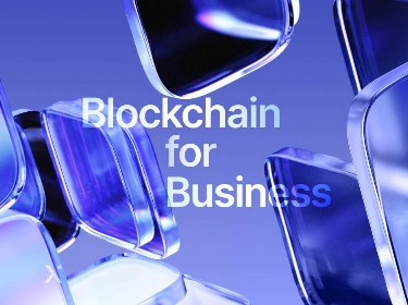 An illustration depicting blockchain technology for business, featuring a network of blocks symbolizing secure transactions