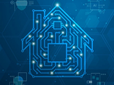 The icon of a house represented by a microprocessor surrounded by the icons of AI, Blockchain, VR, and Mobile