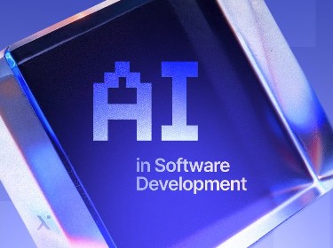 Illustration of AI algorithms enhancing software development processes with code snippets and data analysis visuals.