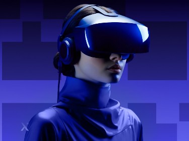 A woman wearing a blue headset and headphones, focused on her task, with a neutral background.