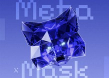 Logo in blue and white displaying the text Meta Mask prominently.