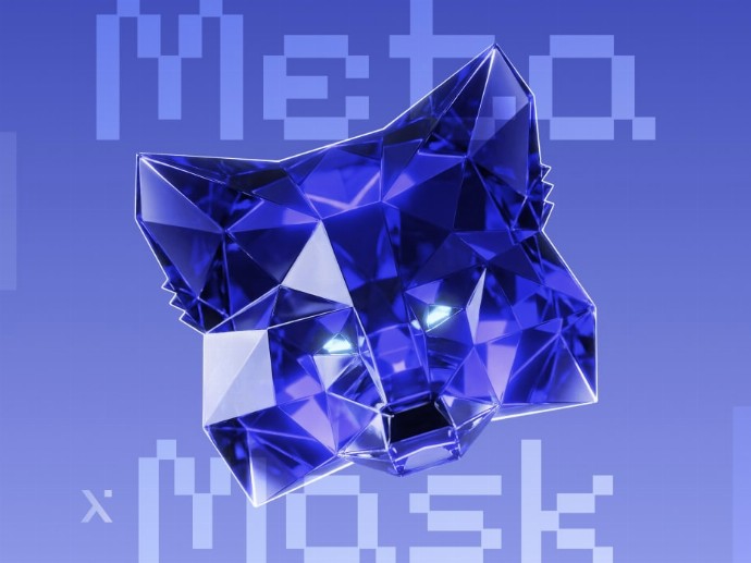 Logo in blue and white displaying the text Meta Mask prominently.