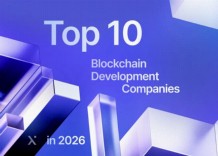 Infographic listing the top 10 blockchain development companies of 2026 with logos and brief descriptions.