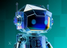 A robot with a blue face stands out against a solid blue background.