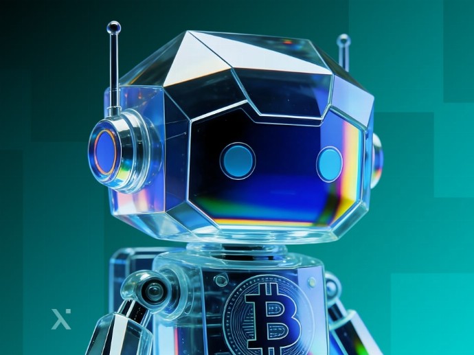 A robot with a blue face stands out against a solid blue background.