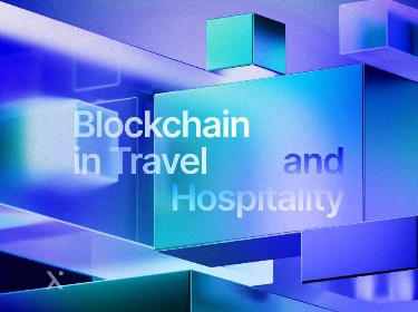 Infographic illustrating the integration of blockchain in travel and hospitality, highlighting benefits like transparency and efficiency.