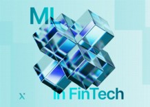 Abstract blue and glass 3D geometric shapes are centered on a light blue background with the words ML in FinTech partially visible in bold teal text.