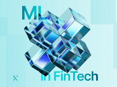 Abstract blue and glass 3D geometric shapes are centered on a light blue background with the words ML in FinTech partially visible in bold teal text.
