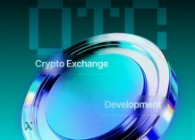 A shiny, abstract coin with blue and silver hues, labeled Crypto Exchange and Development, set against a gradient teal background with geometric shapes.