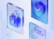 3D glass-like icons on a gradient background: a padlock, a shield with a checkmark, and a list with circles and lines. The tone is sleek and secure.