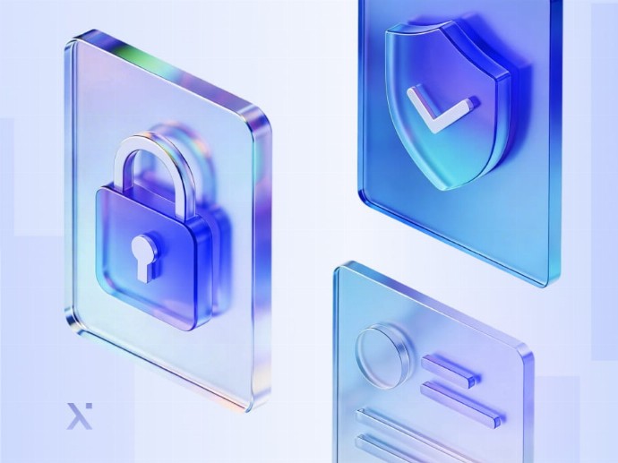 3D glass-like icons on a gradient background: a padlock, a shield with a checkmark, and a list with circles and lines. The tone is sleek and secure.