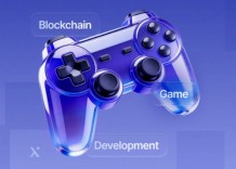 A video game controller featuring the words blockchain and game development prominently displayed.