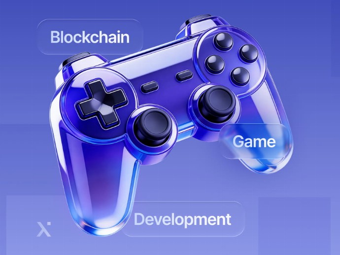 A video game controller featuring the words blockchain and game development prominently displayed.