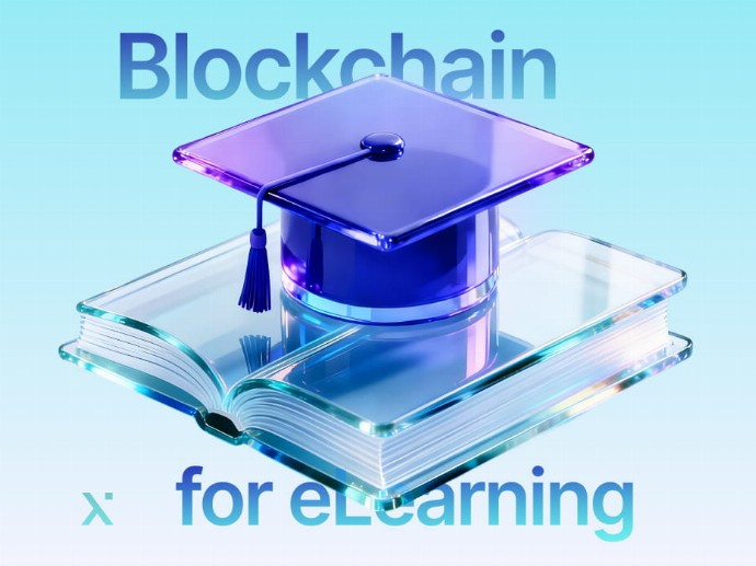 Visual representation of blockchain technology applied to e-learning, showcasing interconnected nodes and educational elements