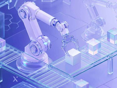 A robot positioned on a conveyor belt with a blue backdrop, illustrating automation in a manufacturing environment.