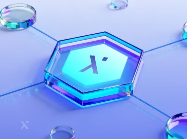 A transparent hexagonal object with a symbol in the center is connected to five circular nodes by thin lines, all set on a light blue surface.