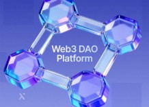 Futuristic 3D hexagonal network with transparent links over a blue gradient background. Text reads Web3 DAO Platform conveying innovation and connectivity.