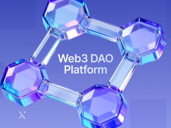 Futuristic 3D hexagonal network with transparent links over a blue gradient background. Text reads Web3 DAO Platform conveying innovation and connectivity.
