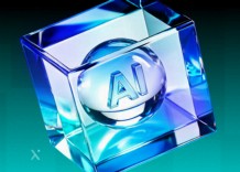 A transparent blue cube with AI embossed on a central sphere, set against a gradient turquoise background, conveys a futuristic and innovative tone.