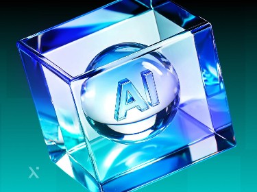 A transparent blue cube with AI embossed on a central sphere, set against a gradient turquoise background, conveys a futuristic and innovative tone.