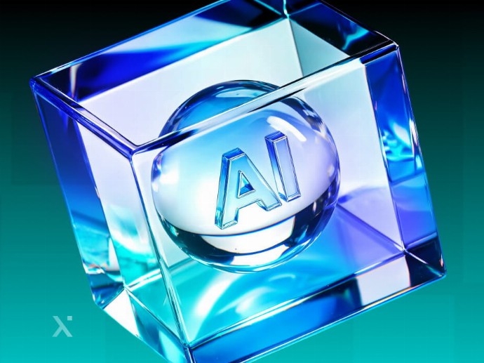 A transparent blue cube with AI embossed on a central sphere, set against a gradient turquoise background, conveys a futuristic and innovative tone.