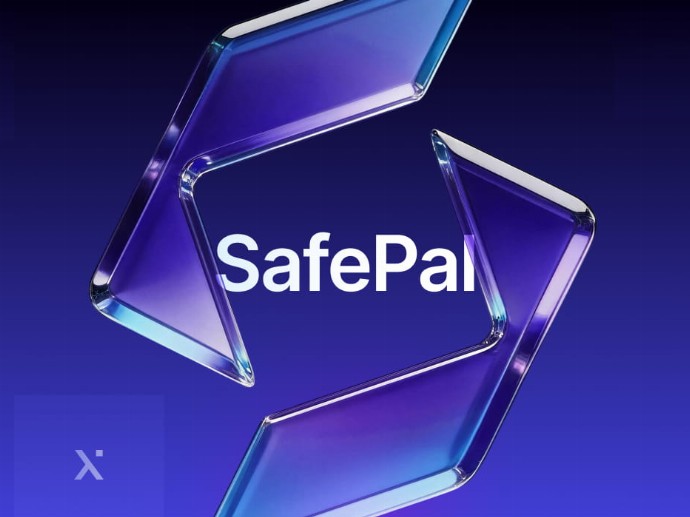 Safepal x logo displayed prominently on a blue background.