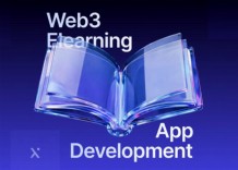 A developer coding a web3 learning app on a laptop, with digital graphics representing blockchain technology in the background.