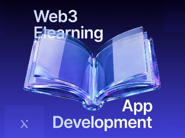 A developer coding a web3 learning app on a laptop, with digital graphics representing blockchain technology in the background.