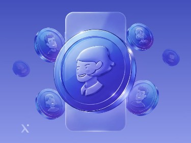 Digital illustration of blue coins with stylized human faces surrounding a large central coin and smartphone on a gradient blue background.