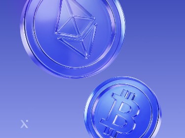 Two blue, translucent coin logos, one with a Bitcoin symbol and the other with an Ethereum symbol, float on a gradient blue background.