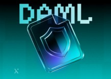 A digital shield icon on a gradient teal and black background symbolizes security. DAML is written in bold, blocky letters above, conveying a tech-focused theme.