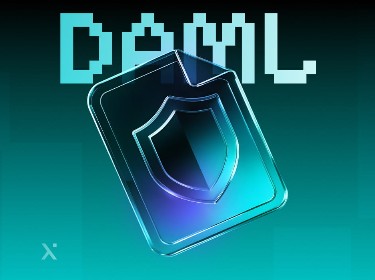 A digital shield icon on a gradient teal and black background symbolizes security. DAML is written in bold, blocky letters above, conveying a tech-focused theme.